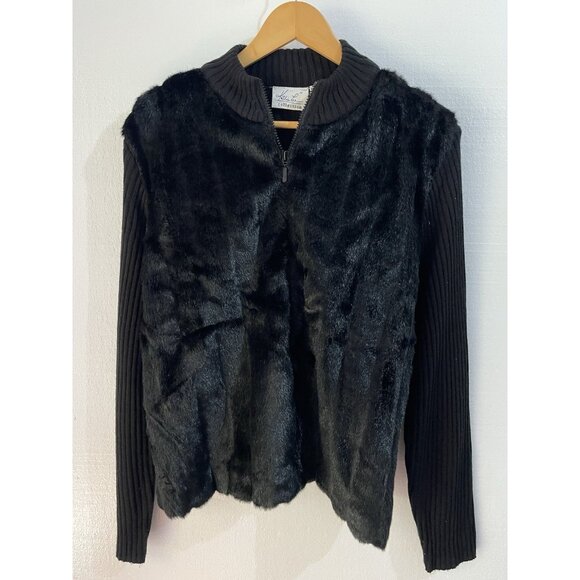 Kathie Lee Black Zip Up Sweater Faux Fur Front Ribbed Back Size XL Jacket - Picture 1 of 6